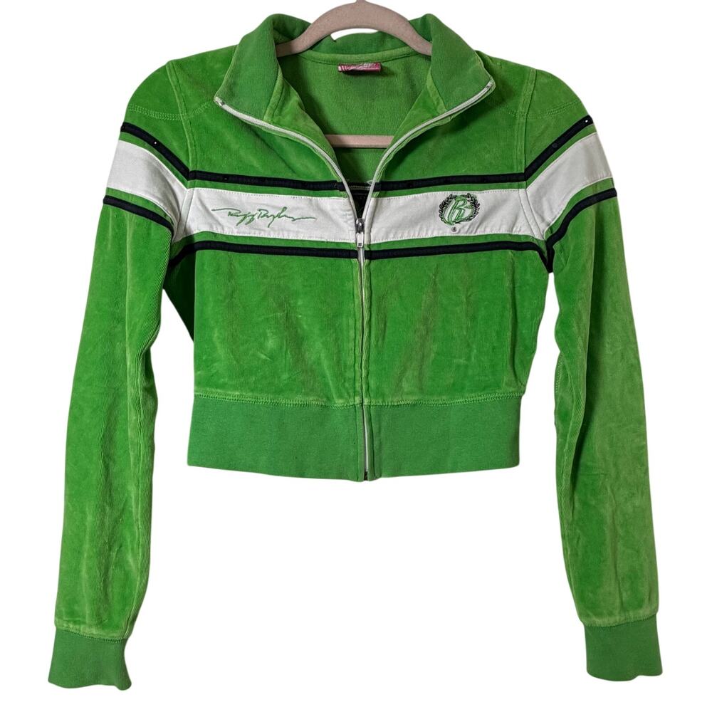 Sm Y2K Vtg Ruff Ryders Velour Jacket Green Rhinestone Cropped Hip Hop Streetwear